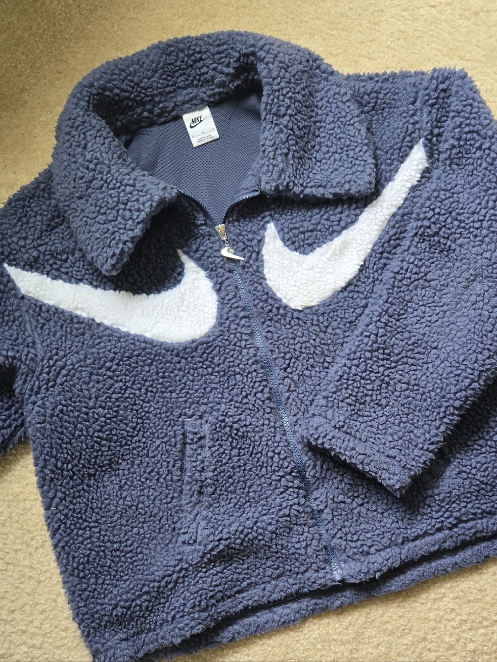 Nike Womens Navy Sherpa Jacket with White Swoosh Accents